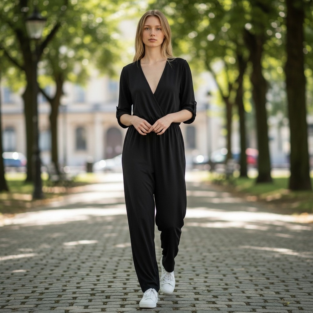 ASTR Jumpsuit Women M Black Excellent Wrap V-Neck Tab Sleeve Pockets